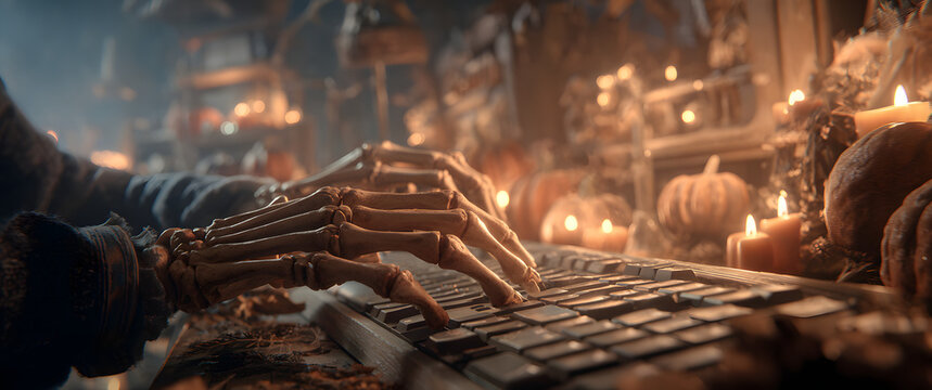 Skeleton Hands Typing on Keyboard with Pumpkins