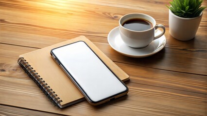 Smartphone Notebook and Coffee Cup on Wooden Table.