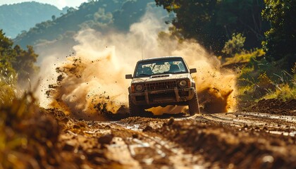 Fototapeta premium Off road vehicle powers through muddy terrain creating a large dust cloud