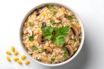 Delicious creamy mushroom and corn risotto top view