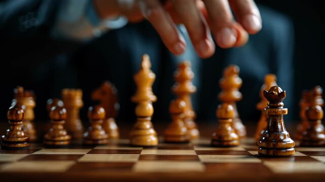 Strategic planning chess hand pawn move leadership focus decision business strategy drive thoughtful action wooden board moody light with game board