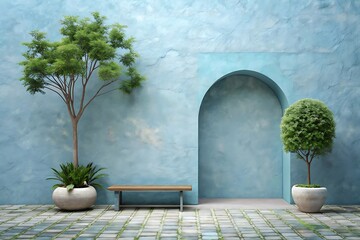 Tranquil garden archway with trees and bench serene outdoor setting