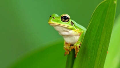 A vibrant green tree frog perched on a leaf