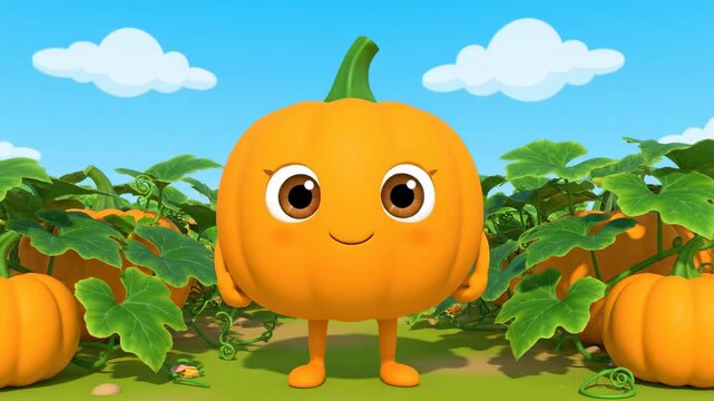 Cute Cartoon Pumpkin Character in a Field - An adorable, anthropomorphic pumpkin character smiles and waves in a lush pumpkin patch under a bright blue sky.
