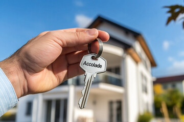 Hand holding a key with home in the background representing new beginnings