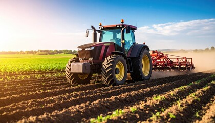 Obraz premium Agricultural tractor plowing a field on a sunny day showcasing modern farming techniques and rural