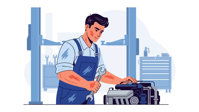 Mechanical Precision: An illustration of a skilled mechanic diligently focused on repairing an engine, using a wrench, set within a professional automotive repair shop.