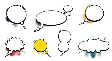 Blank Comic Speech and Thought Bubbles Set with Halftone Effects, Retro Pop Art Style Dialogue Balloons for Storytelling, Cartoons, Comics, and Creative Design Vector Illustration