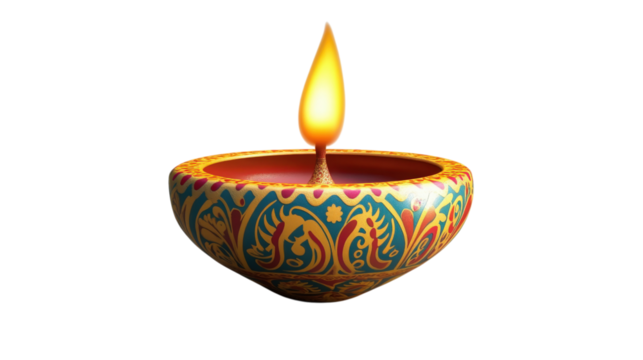 Ornate Diwali Lamp with Blue and Gold Patterns  isolated on a Transparent or white Background