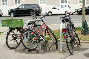 Bicycle parking with parked bicycles in a European city