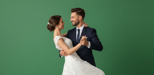 Photo of attractive man hold cute wife dance wedding waltz happy marriage trendy clothes isolated on green color background