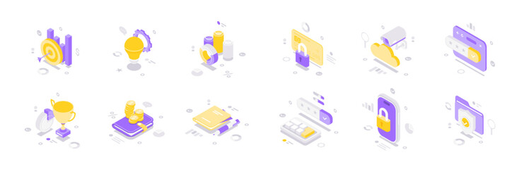 Isometric vector illustration featuring technology finance and security icons including business management, online operations, analytics, cloud storage, banking and protection in pastel colors