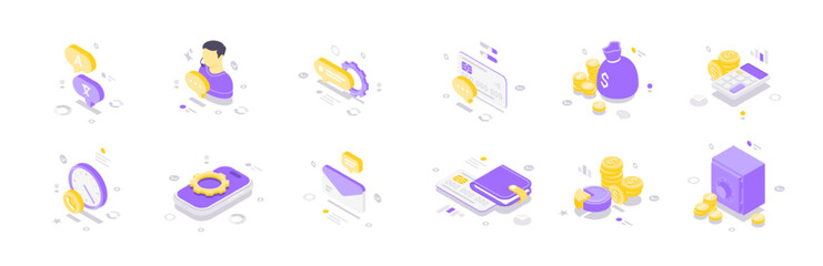 Isometric vector illustration featuring finance money and digital banking icons including transactions, capital management, online payments, wallets, credit cards, clocks, savings, and mobile finance
