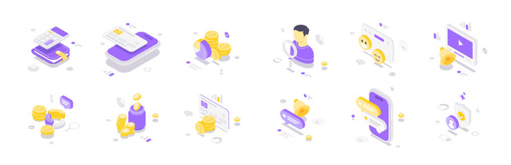 Isometric vector illustration featuring digital finance icons including mobile banking, payments, analytics, investments, multimedia, and communication in a modern pastel color scheme