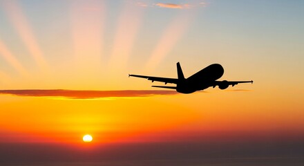 Airplane flying at sunset silhouette travel and transportation