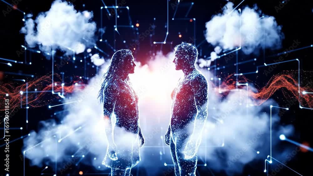 Poster a man and woman in an abstract digital world, representing a connection and data flow in a futuristi