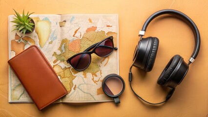 Travel essentials laid out on a map with headphones.