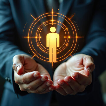 Hands hold illuminated human figure target. Person centered business strategy concept focuses on people for digital transformation. Human resources management, talent acquisition, recruitment.