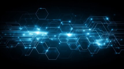 Dynamic glowing blue digital network lines and hexagon shapes create a futuristic abstract technological background, perfect for innovation and data themes.