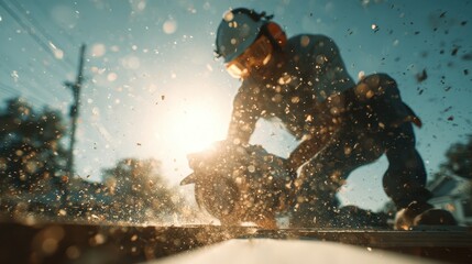 Focused construction worker cutting with a power saw outdoors.