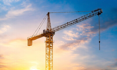 Tower crane silhouetted against a vibrant sky, a symbol of progress and development