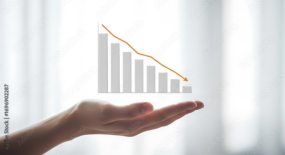 Aufkleber hand holding a declining bar graph with a downward trend arrow isolated on white background