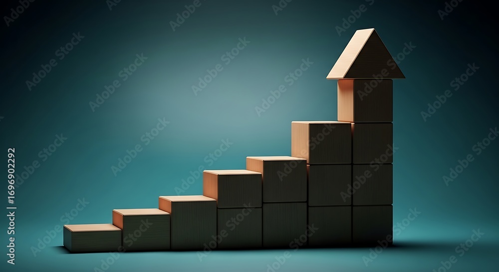 Poster stack of wooden blocks forming an upward arrow shape representing growth