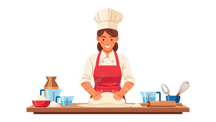 Baking Bliss: A skilled cook passionately kneads dough with precision, surrounded by essential baking tools on a warm, wooden surface, her face radiates pure delight and skill.