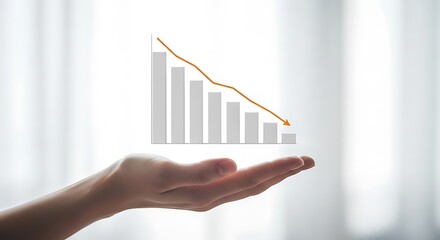 Hand holding a declining bar graph with a downward trend arrow isolated on white background