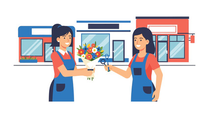 Bouquet Exchange at Florist Shop: Two florists engage in a symbolic exchange, one handing over a vibrant bouquet, signifying the beauty of collaboration and the artistry of floristry.