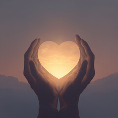 Fototapeta premium Stylized hands form a heart silhouette around a glowing sky, blending romantic symbolism with soothing gradients.