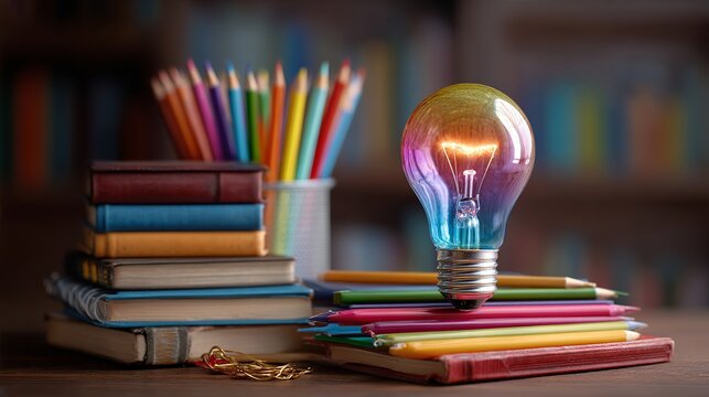 Vibrant lightbulb illuminates stack of books and colorful pencils symbolizing creative inspiration knowledge and educational discovery