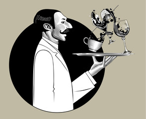 A mustachioed man in profile in round frame holds a tray with a coffee cup and wine glasses on which drinks are splashing. Drawing in vintage black and white engraving style. Vector illustration