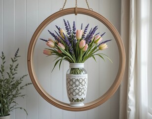A decorative arrangement featuring a white vase with a geometric design, holding a bouquet of pink tulips and purple lavender. 