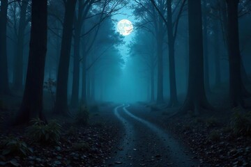 Fototapeta premium Eerie, misty path winding through a dark forest, illuminated only by moonlight, suggesting a ghostly presence A sense of mystery and the unknown permeates the scene , ethereal, woods, mysterious