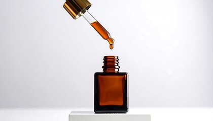 Amber dropper bottle receiving a drop of golden serum from a glass pipette