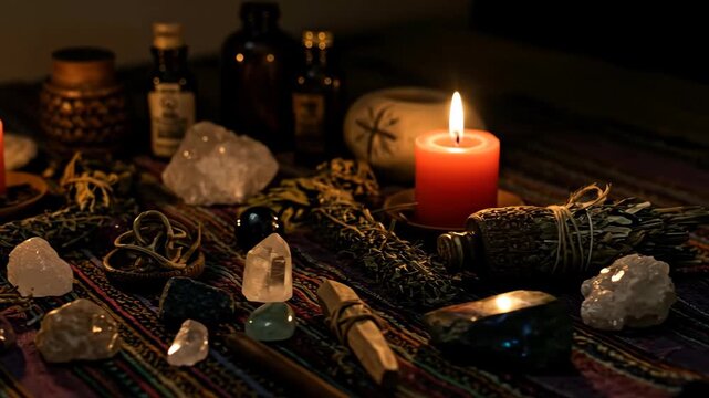 Spiritual altar with glowing candles, various crystals, herbs, and oils for ritual practice, footage.