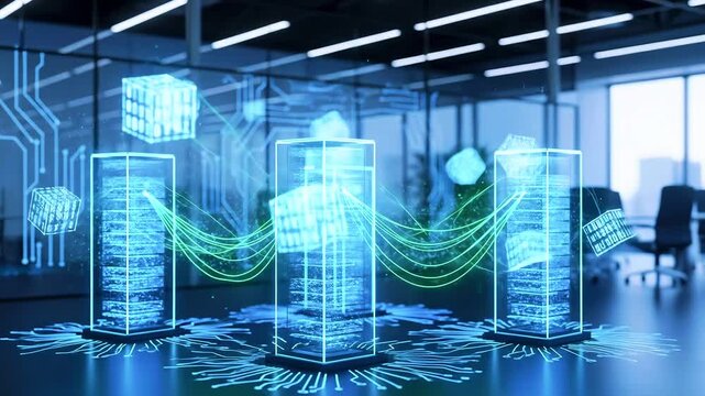 Futuristic data center with holographic servers and digital connections in a modern office environment