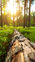 Fototapeta premium Fallen log lies amidst lush greenery in a sun-drenched forest, showcasing detailed bark textures and soft, ambient light.