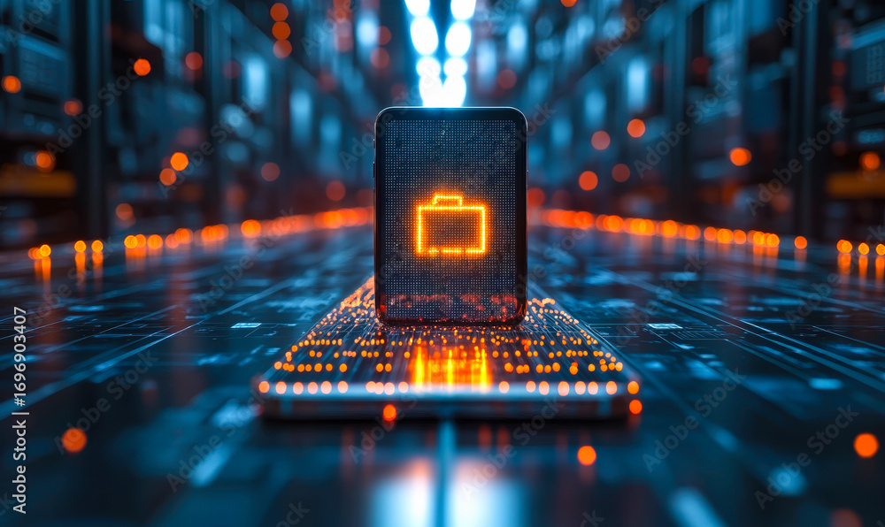 Poster futuristic digital suitcase icon glowing in orange on smartphone screen with circuit board and abstr