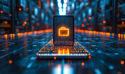 Futuristic digital suitcase icon glowing in orange on smartphone screen with circuit board and abstract technology data center background in blue and orange lighting