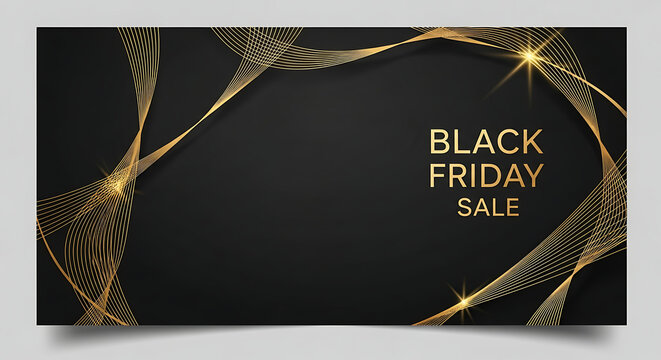 A black friday sale banner with golden lines and text on a dark background with light effects - Powered by Adobe