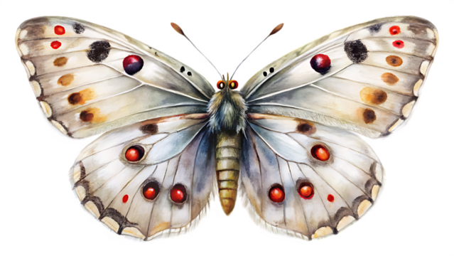 Watercolor illustration of apollo butterfly isolated on transparent background
