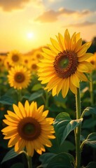 Obraz premium Golden hour sunlight bathes a vibrant field of ripening sunflowers, buzzing with bees A quintessential summer harvest scene , daytime, plants, vibrant