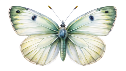 Watercolor illustration of a white butterfly isolated on transparent background