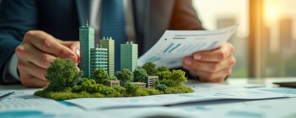 Obraz na płótnie Canvas Corporate auditor examines sustainability reports, analyzing green investment compliance and financial performance. Miniature green city model on desk with charts and graphs.
