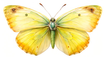Watercolor illustration of a yellow butterfly isolated on transparent background