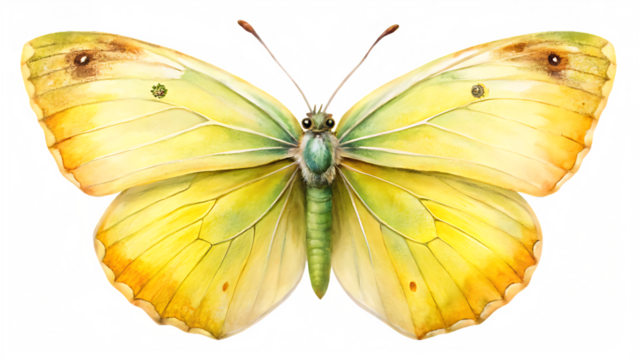 Watercolor illustration of a yellow butterfly isolated on transparent background