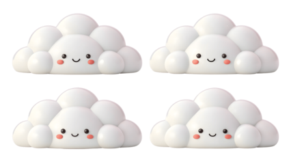 Four cute cloud characters isolated on transparent background