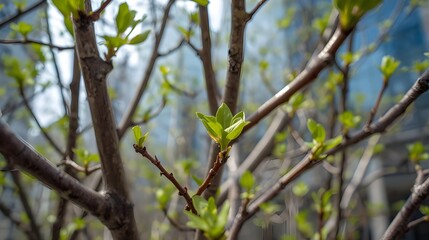 Sprouting green leaves on young tree
